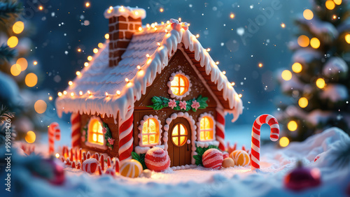 A beautifully decorated gingerbread house with sweet treats glowing warmly during a festive winter evening. Generative AI