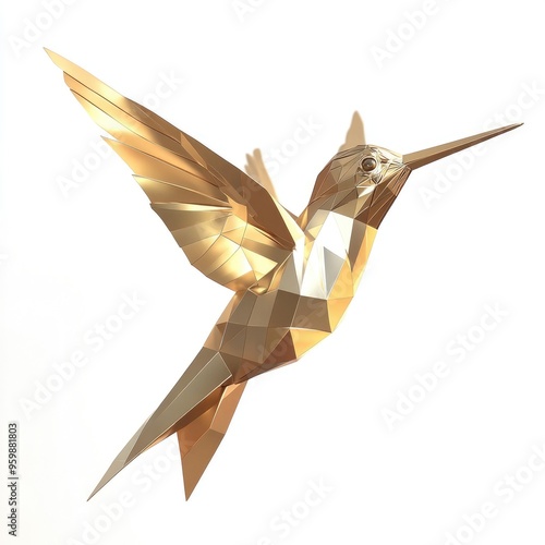 Golden 3D Low-Poly Hummingbird on White Backdrop for Unique Visual Designs photo