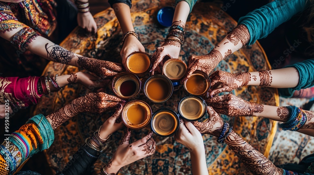 Friends celebrating together with colorful drinks and henna designs at a cozy table in an inviting atmosphere during an evening gathering Friends celebrating together with colorful drinks and henna designs at a cozy table in an inviting atmosphere during an evening gathering