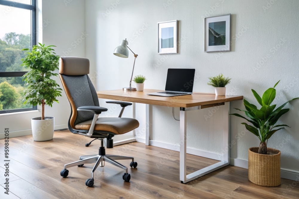 Modern office desk design features built-in charging ports and an ergonomic chair, creating a workspace that balances Modern office desk design features built-in charging ports and an ergonomic chair, creating a workspace that balances