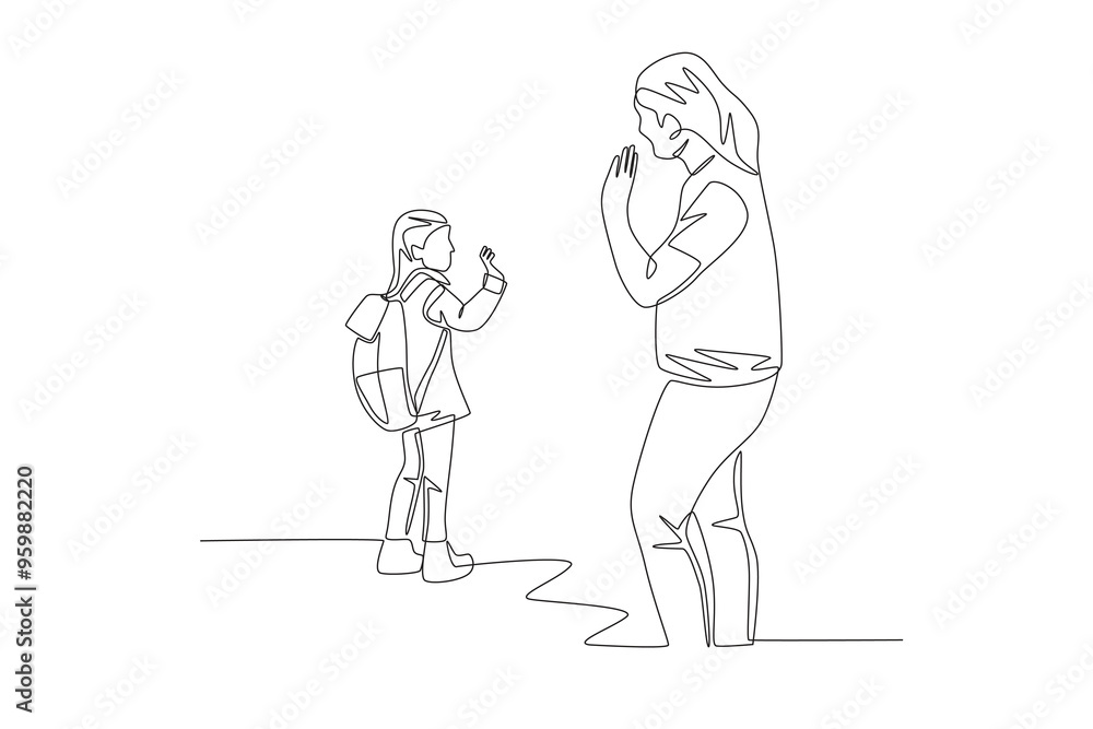 Children saying goodbye when leaving for school. Saying goodbye to their children concept one-line drawing Children saying goodbye when leaving for school. Saying goodbye to their children concept one-line drawing