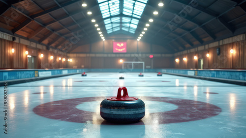 Curling stones on the ice as players prepare for a match in a historic curling rink during a sunny afternoon. Generative AI photo