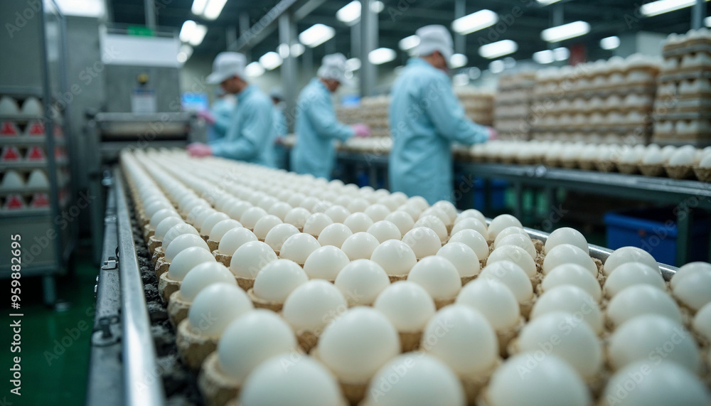 Inside view of an egg production factory with conveyor belts, sorting, and packaging, showing efficiency.
Inside view of an egg production factory with conveyor belts, sorting, and packaging, showing efficiency.