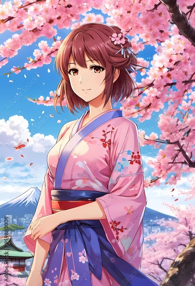 A young Japanese woman, dressed in a beautiful kimono, stands amidst blooming cherry trees near a traditional temple, with Mount Fuji in view. Generative AI. Sakura is blooming. Pink cherry blossoms A young Japanese woman, dressed in a beautiful kimono, stands amidst blooming cherry trees near a traditional temple, with Mount Fuji in view. Generative AI. Sakura is blooming. Pink cherry blossoms