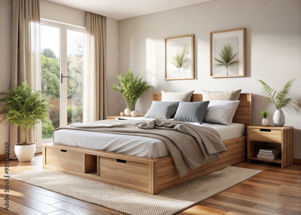 A sleek modern wooden storage bed frame stands out against neutral linens, pillows, and a bright airy backdrop A sleek modern wooden storage bed frame stands out against neutral linens, pillows, and a bright airy backdrop