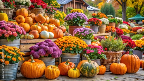 Fototapeta Naklejka Na Ścianę i Meble -  Autumn market with colorful pumpkins and flowers