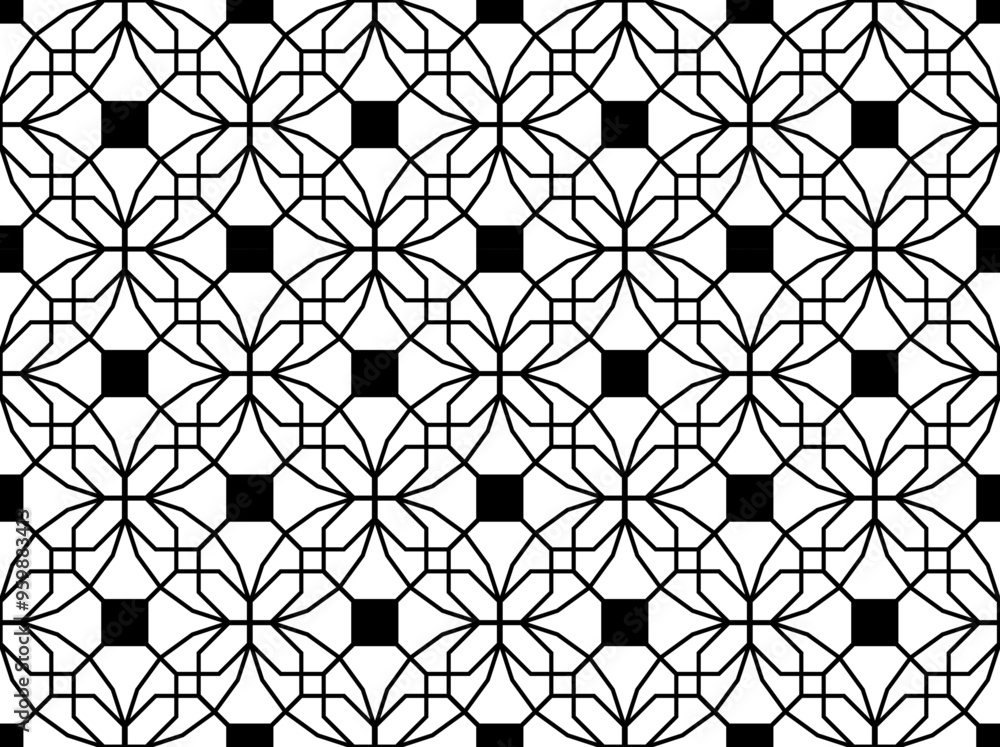 20-sided icosagons, squares and hexagons form a classical style geometric seamless tessellation pattern in black 20-sided icosagons, squares and hexagons form a classical style geometric seamless tessellation pattern in black