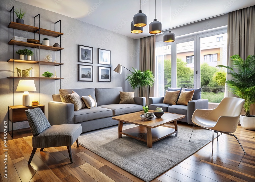 Fototapeta premium A small living room showcases modern furniture with a stylish design, featuring plush seating and minimalist decor to