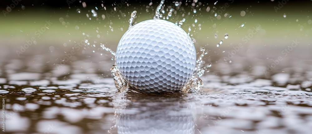 A close-up of a golf ball splashing in water, capturing the moment of impact and highlighting the ripples around it. A close-up of a golf ball splashing in water, capturing the moment of impact and highlighting the ripples around it.