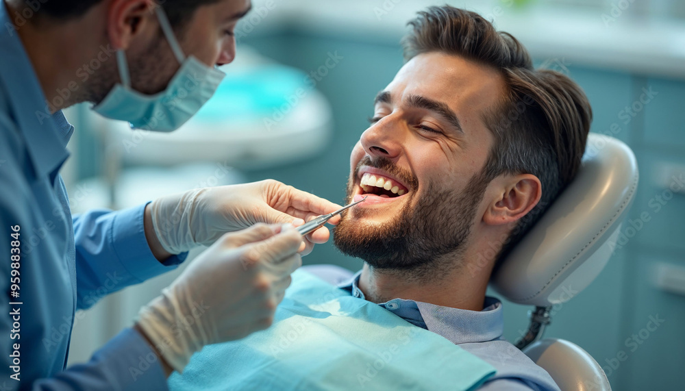 Handsome man in a dental chair undergoing cleaning with a focused dentist, modern clinic background.
Handsome man in a dental chair undergoing cleaning with a focused dentist, modern clinic background.