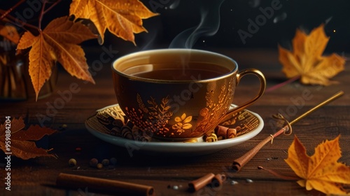 Hot golden tea with a cinnamon stick with falling leaves