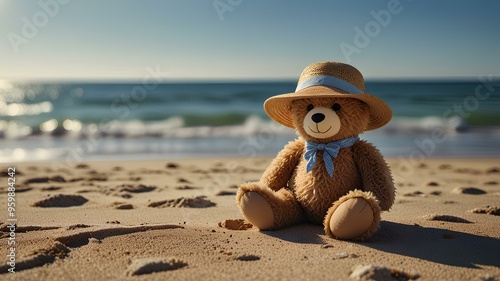 A cute teddy bear wearing a sun hat relaxes on a sunlit beach with a clear, blue sky and ocean in the background. photo