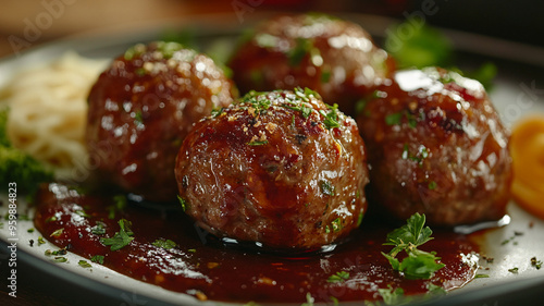 Meat balls poured with sauce on a plate.