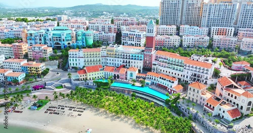 Aerial of Sunset town in Phu Quoc island, Vietnam. Fast being developed European city copy. Amazing future resort, Kien Giang province photo