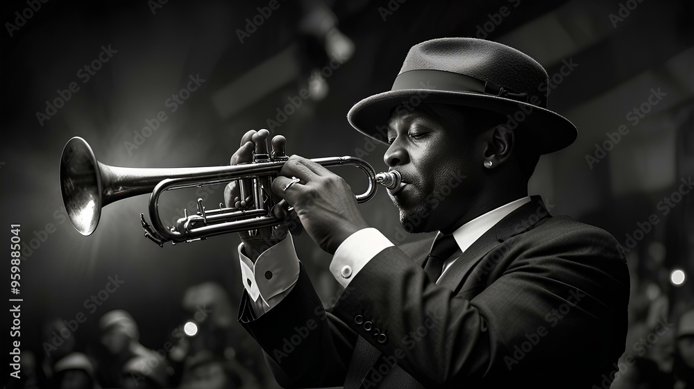 Obraz premium A black and white photograph of a stylish musician in a hat playing a trumpet onstage.