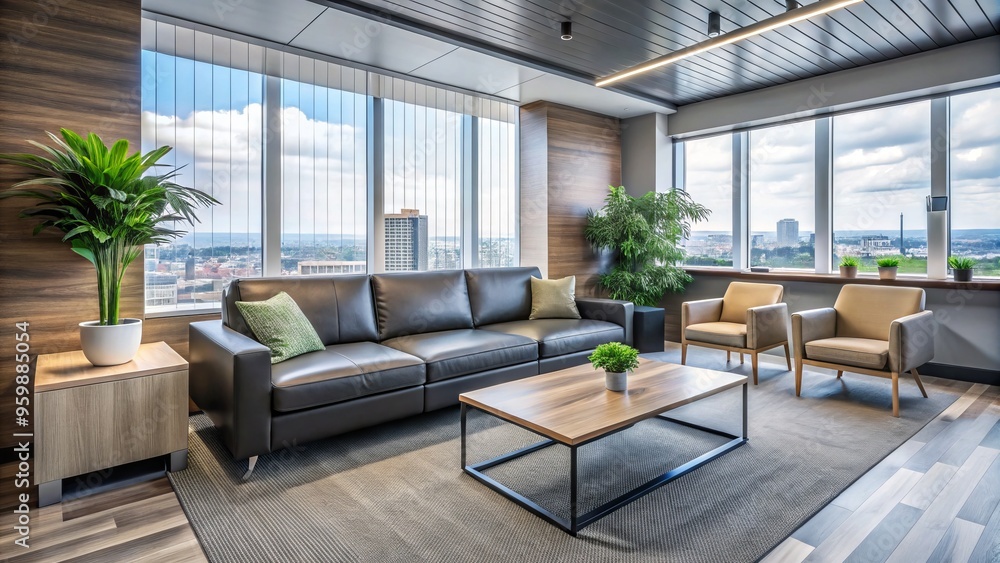 Modern office interior with sitting area featuring comfortable davenport couch in Davenport, Iowa Modern office interior with sitting area featuring comfortable davenport couch in Davenport, Iowa