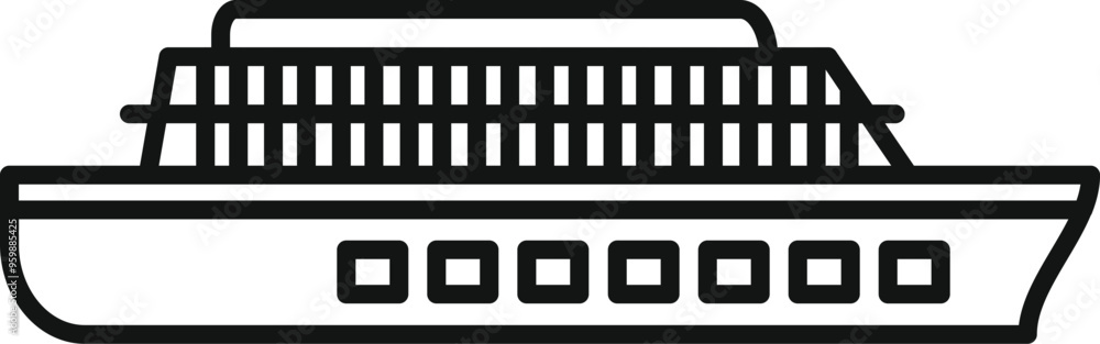 Simple outline icon of a long double deck ship for river passenger transportation on a white background Simple outline icon of a long double deck ship for river passenger transportation on a white background