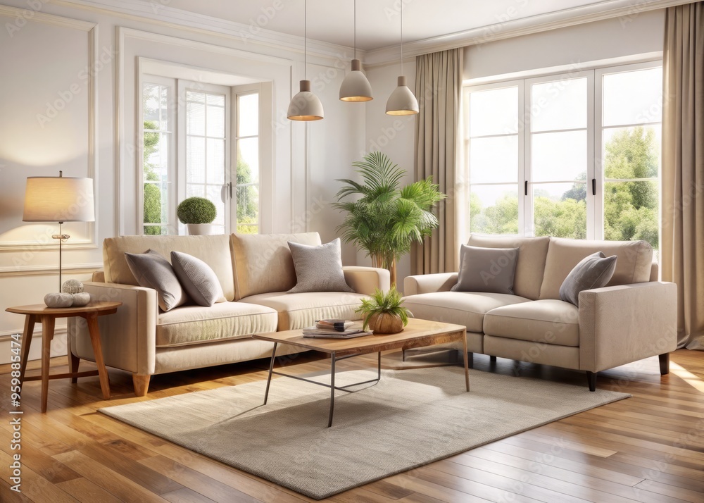 A spacious living room boasts a light-colored fabric sofa, armchair, and footrest placed on a plush rug. A spacious living room boasts a light-colored fabric sofa, armchair, and footrest placed on a plush rug.