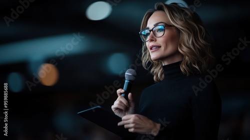 A speaker holds a microphone while presenting at an event. The professional environment suggests an important discussion, with a focus on communication and engagement. photo