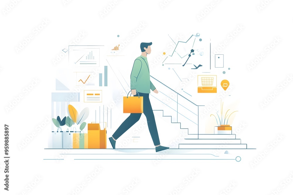 Man Carrying Shopping Bags Walking Up Stairs in a Modern Building Man Carrying Shopping Bags Walking Up Stairs in a Modern Building