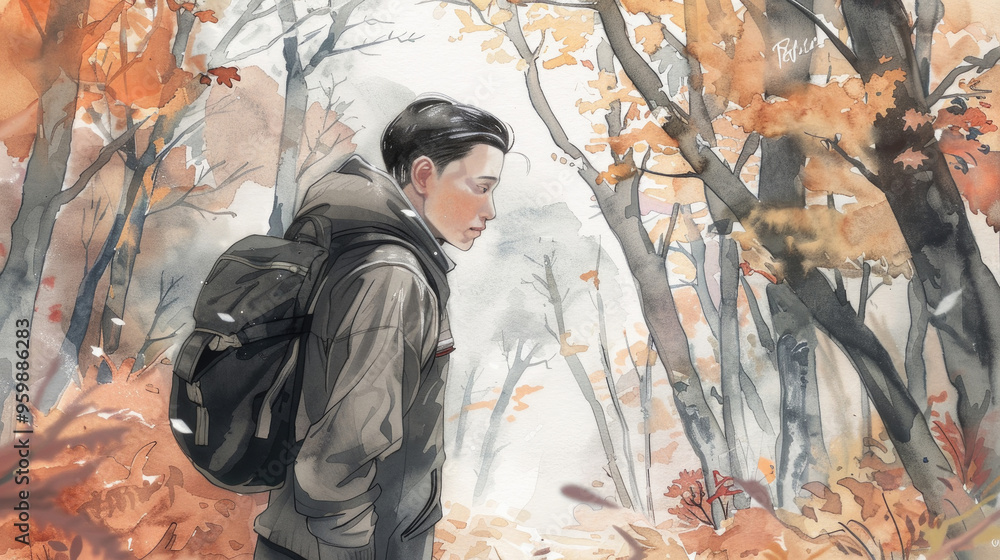 A young person walks through an autumn forest, surrounded by colorful leaves and the peaceful ambiance of nature in the morning light A young person walks through an autumn forest, surrounded by colorful leaves and the peaceful ambiance of nature in the morning light