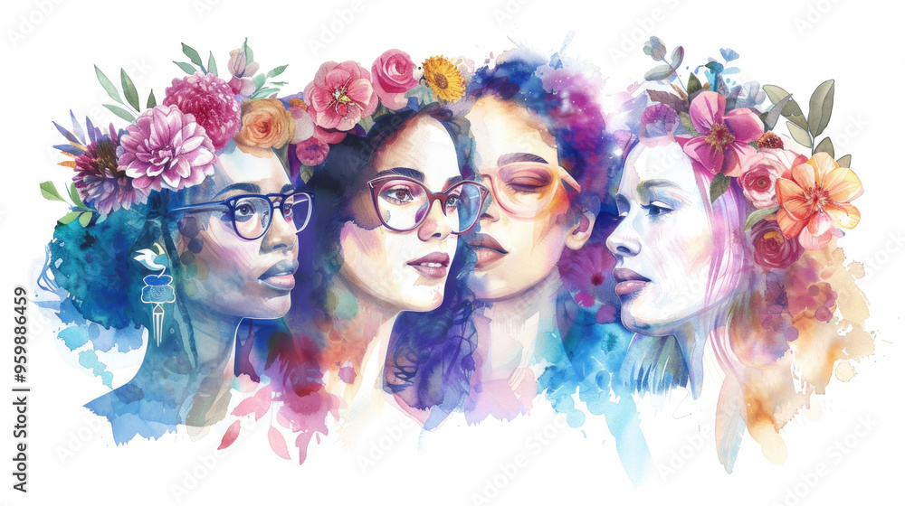 Obraz premium This artwork illustrates four women adorned with colorful floral crowns, celebrating beauty and diversity through vibrant watercolor techniques