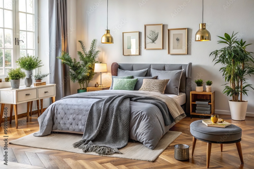 Obraz premium A stylish bed, draped in a comforting grey, is the centerpiece of a serene retreat, perfectly balanced with