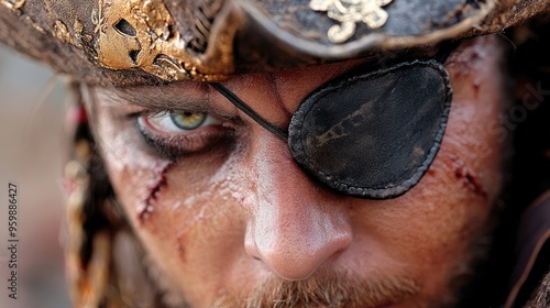 Detailed shot of a pirate costume complete with a tricorn hat, eye patch, and sword photo