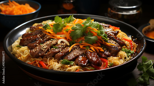 Noodles stir-fried with vegetables and beef create a tempting dish.