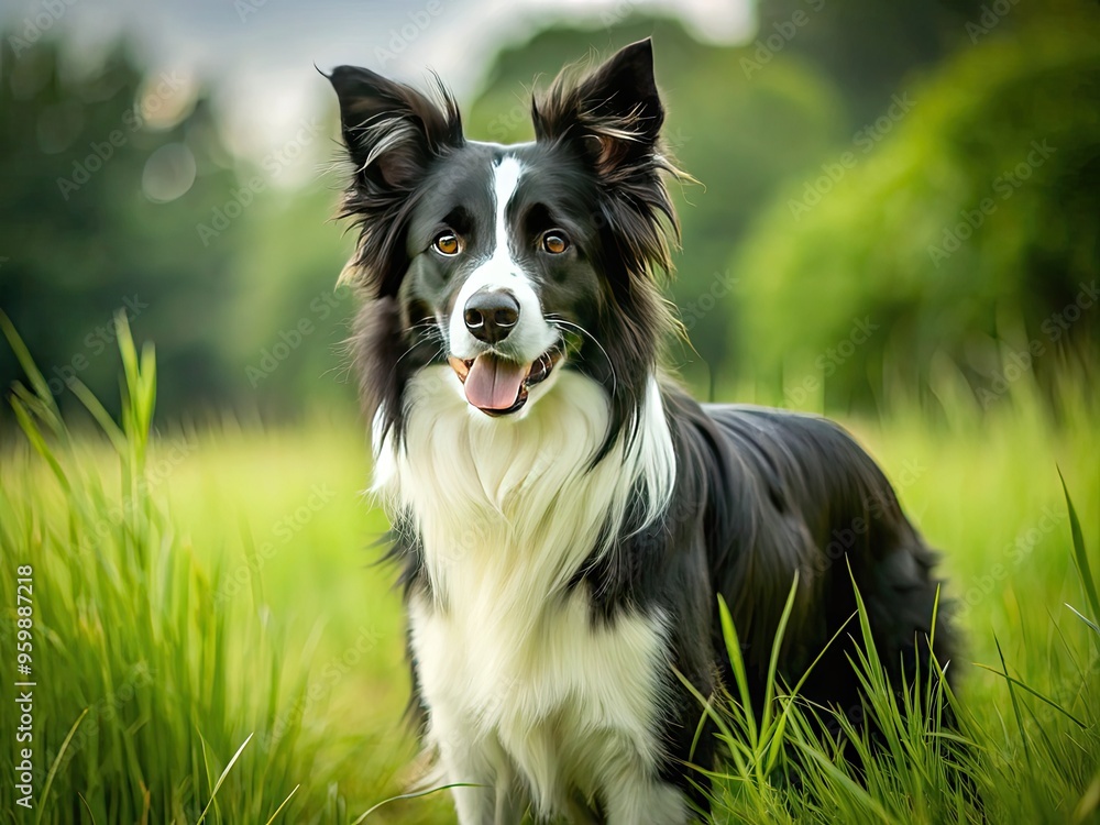 A Beautiful, Long-Haired Border Collie Dog Stands Alertly In A Lush, Grassy Field, With A Keen Gaze And A Playful Expression. A Beautiful, Long-Haired Border Collie Dog Stands Alertly In A Lush, Grassy Field, With A Keen Gaze And A Playful Expression.