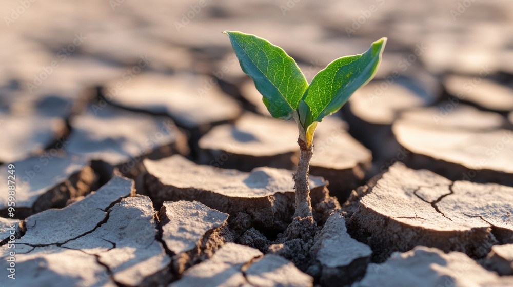 Cracked dry soil with a single wilted plant struggling to survive Cracked dry soil with a single wilted plant struggling to survive