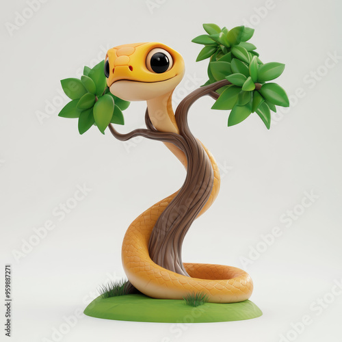 3D cartoon. A snake on the tree, on a solid white background