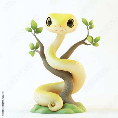 3D cartoon. A snake on the tree, on a solid white background