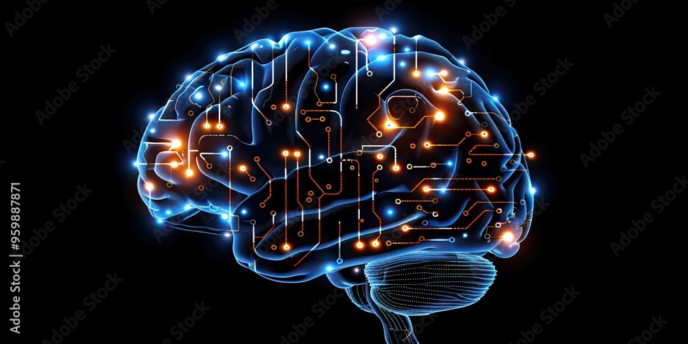 Human brain with circuit board elements. Human brain with circuit board elements.