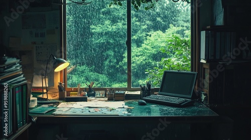 Lofi Empty Interior with Desk Window Rainy Rain Forest Jungle - Anime Manga Style
 photo