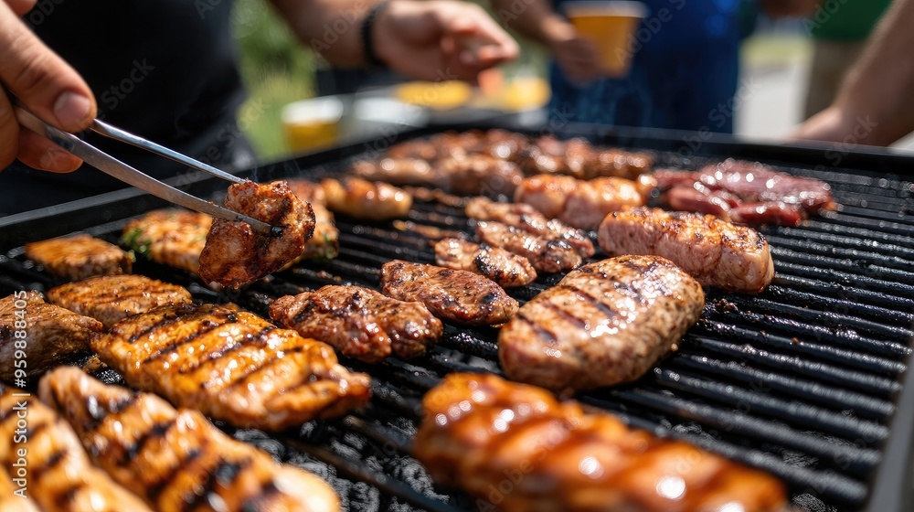 group of friends serving themselves from a grill loaded with assorted meats at a cookout group of friends serving themselves from a grill loaded with assorted meats at a cookout