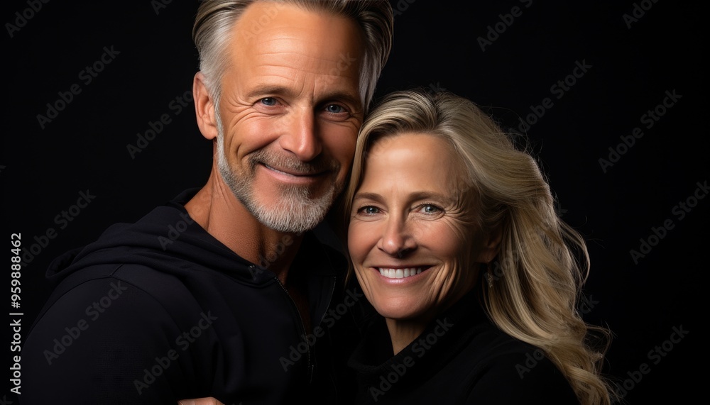 Couple sharing a joyful moment with smiles in a studio setting during a portrait session Couple sharing a joyful moment with smiles in a studio setting during a portrait session