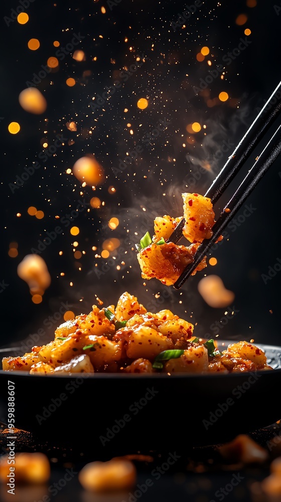 Tteokbokki Korean rice cakes in a spicy chili sauce, from Seoul, South Korea Tteokbokki Korean rice cakes in a spicy chili sauce, from Seoul, South Korea