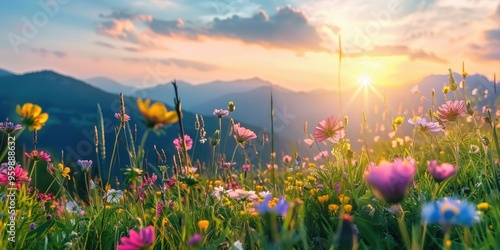 Sunrise over a colorful meadow of wildflowers, with majestic mountains in the distance.