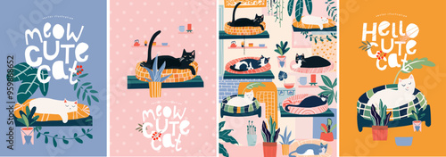Meow. Cute cats. Vector illustrations of domestic pets kittens on a bed in the interior of a cozy living room with plants for a poster, postcard, logo or background