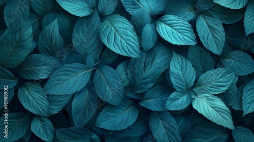 A close-up shot of lush green leaves with a blue tint, forming a natural background texture.