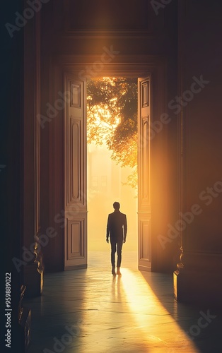 Person walking through an open door into a bright future, symbolizing new beginnings