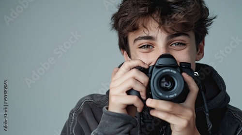 joven de 18 aÃ±os sonriendo con camara reflex --ar 16:9 --style raw .generative ai