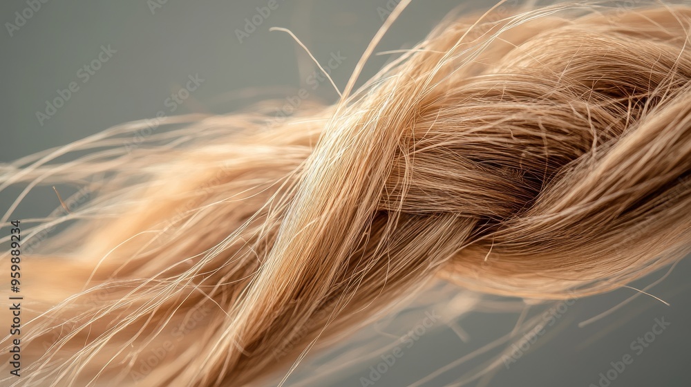 Naklejka premium Tangled hair strands display visible split ends, highlighting hair damage in natural light on a neutral backdrop