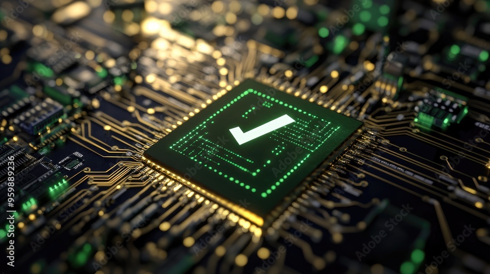 Green digital check mark floating above a digital network Green digital check mark floating above a digital network