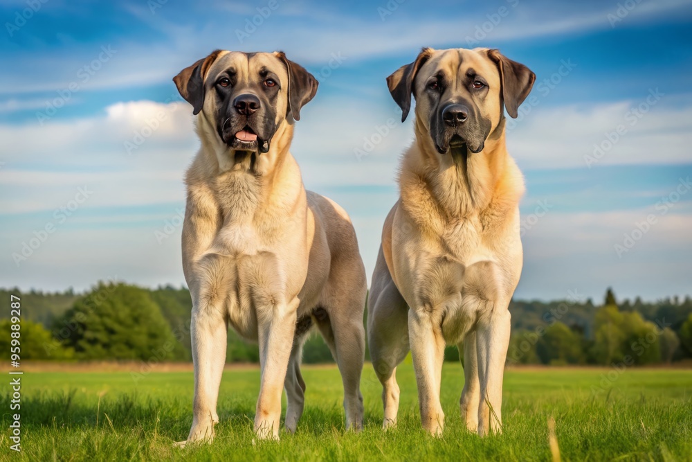 Muscled Kangal dogs proudly stand together in the open field, their alert eyes screaming loyalty and protection. Muscled Kangal dogs proudly stand together in the open field, their alert eyes screaming loyalty and protection.