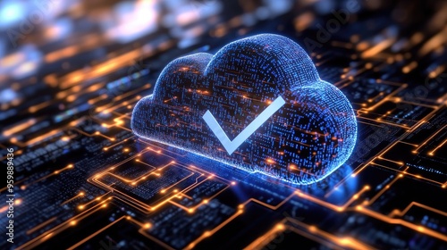 Digital check mark emerging from a cloud of digital code