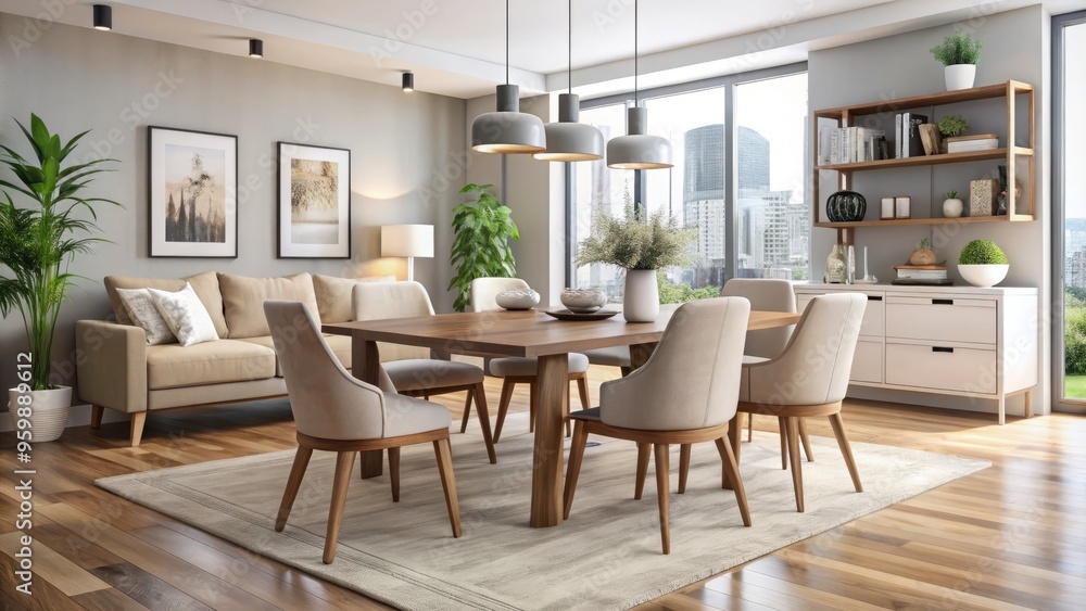 Neutral tones define this modern dining room setting, prioritizing cozy comfort with plush seating and rent-to-own Neutral tones define this modern dining room setting, prioritizing cozy comfort with plush seating and rent-to-own