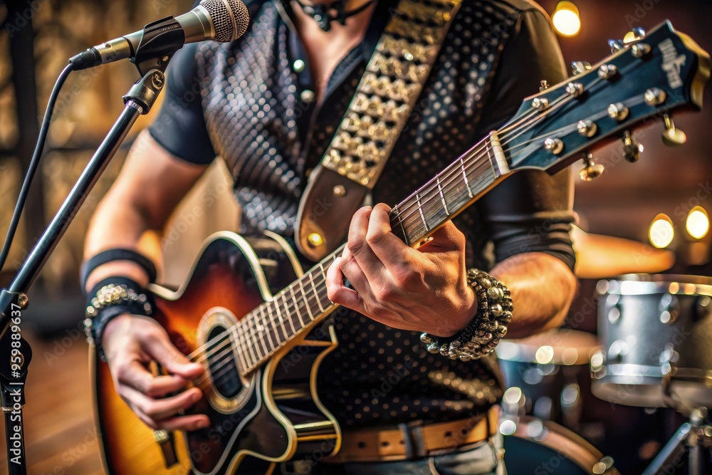 A Close-Up Shot Of A Person Wearing A Studded Wristband And Leather Bracelets While Playing The Guitar, With A Microphone Stand In The Background. A Close-Up Shot Of A Person Wearing A Studded Wristband And Leather Bracelets While Playing The Guitar, With A Microphone Stand In The Background.