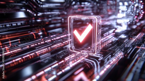 Digital check mark icon glowing in a dark, high-tech environment